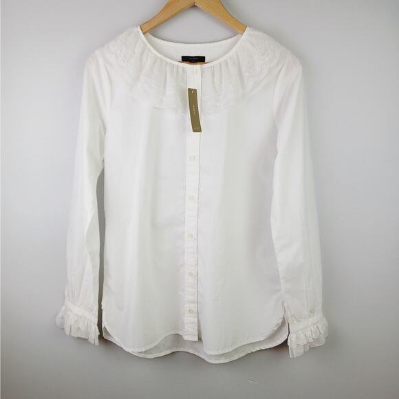 J.Crew SZ S Lace Ruffle Button Up Shirt In White NWT - Picture 3 of 6